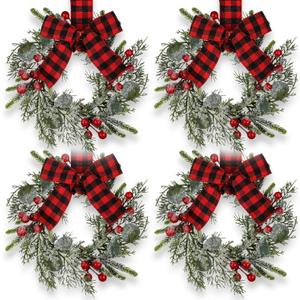 Syhood 4 Pcs 9" Mini Christmas Wreath Mini Cabinet Wreaths for Kitchen Christmas Red Berry with Red and Black Plaid Bow Farmhouse Wreath for Holiday Xmas Party Decorations(Elegant Style)