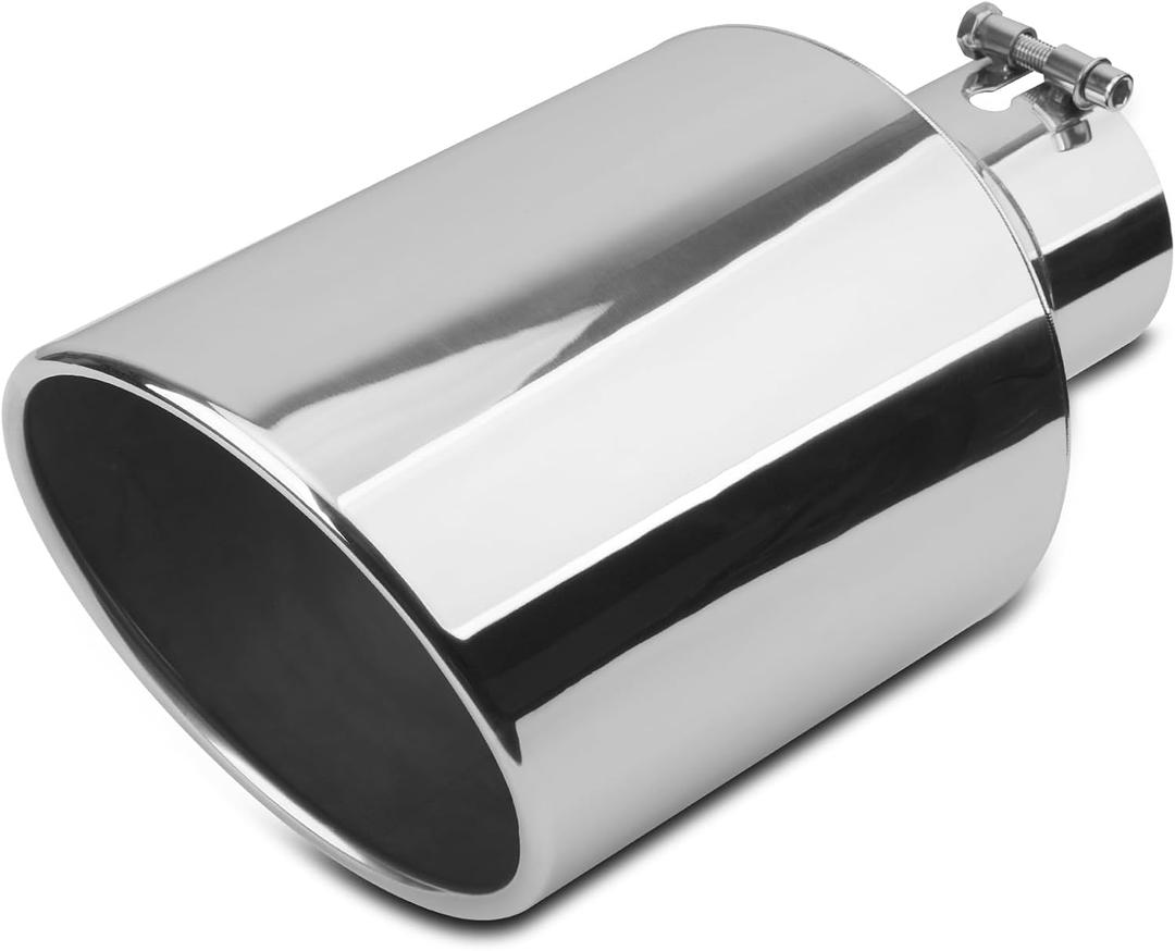 4 inch Inlet Exhaust Tip, 8" Outlet 15" Overall Length Stainless Steel Exhaust Tail Pipe, Bolt-On, Rolled Edge, Slant Sleek Angle Cut, Polished Tailpipe, Silvery