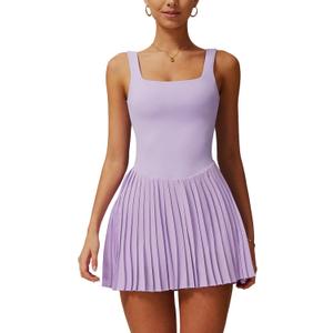 ABOCIW Womens Square Neck Tennis Dress Built in Shorts Pleated Backless Golf Athletic Dress with Pockets (Medium, Purple)