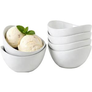 6pcs White Serving Bowls, 6.5-inch Ceramic Soup Bowls, for Ice Cream, Salad, Fruit, Yogurt, Cereal, Dipping, Oval Porcelain Pasta Dish, Stackable Essential Kitchen Bowl Microwave and Dishwasher Safe