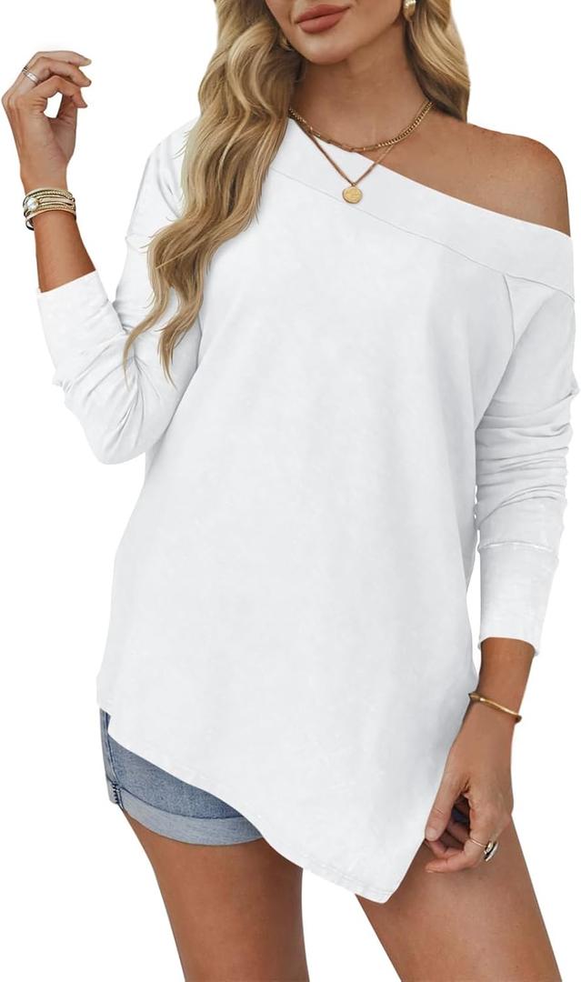 Tankaneo Womens Off The Shoulder Tops Casual Long Sleeve T Shirts Irregular Hem Split Tunics Loose Fall Blouse Shirt (White, L)