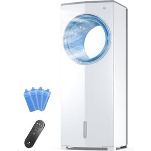 FLOWBREEZE Windowless Portable Air Conditioner, 26" Small Evaporative Air Cooler for Room No Window, 3-Speed Settings, 4 Modes, 7H Timer, Remote Control, 4 Ice Packs, Quiet AC Unit for Bedroom, White