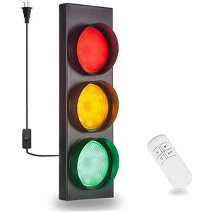Traffic Light Wall Lamp Remote Control Retro Kids Bedroom Stop Light, Plug in Industrial LED Wall Sconce, 18.5 Vintage Fun Signal Lights for Home Office Bar Garage Car Room Decor Christmas