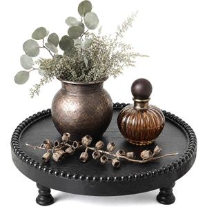 EOSAHR Pine Wood Rustic Round Display Riser for Room Decor– Beaded Pedestal Tray Stand for Cake Stand, Plant Stand - New House Essentials, Boho Home Decor or Bathroom Decor Accents (Black)
