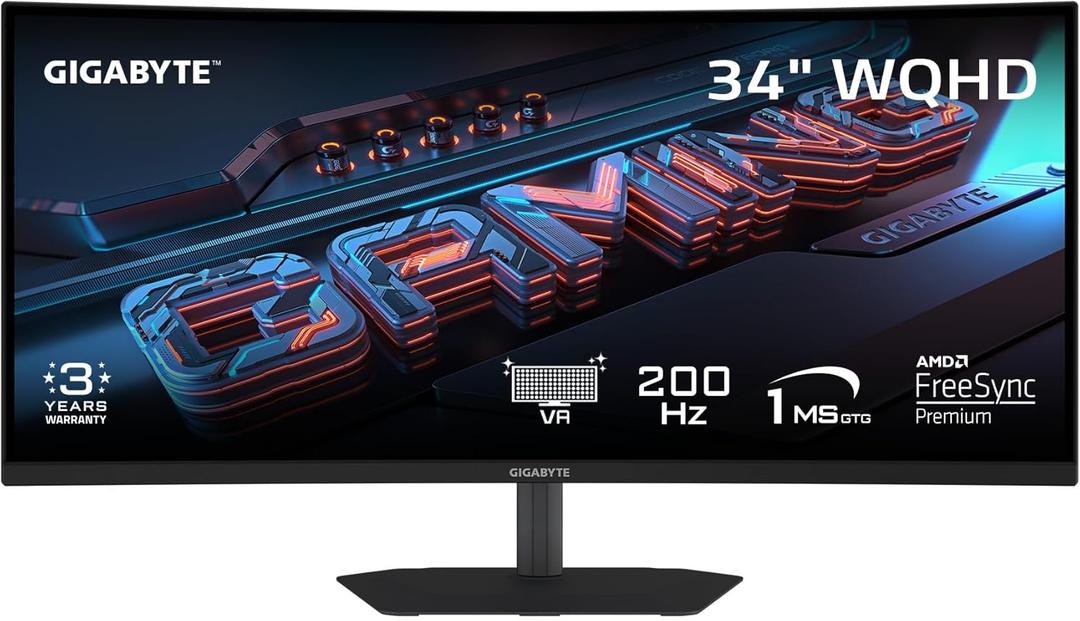 GIGABYTE - G34WQC2-34" VA Curved Gaming Monitor - WQHD 3440x1440-200Hz - 1ms GTG - AMD FreeSync Premium - HDMI, DP - Height and Tilt Adjustable - Black