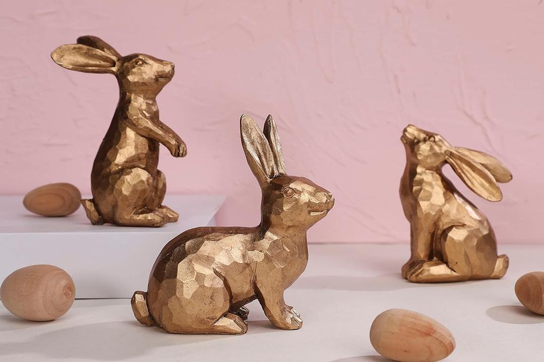 WONDROUS' DECO Gold Easter Bunny Decor Figurines, Resin Small Bunny Statue Set of 3, Vintage Easter Rabbit Decorative Table Home Decoration, Spring Tabletop Deco