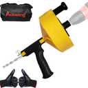 Drain Snake 50 Ft, Plumbing Snake for Sink with Drill Attachment, Snake Drain Clog Remover for Shower Drain and Sink, Manual or Powered Use, Comes with Gloves and Storage Bag, 1/4 Inch, Yellow