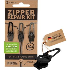 Zlideon Universal Zipper Repair Kit for Plastic & Metal Zippers Multipack - 3pcs, Black (L) | Instant Zipper Pull Replacement Slider for Denim, Jacket, Winter Coat | Easy to Install | Made in Germany