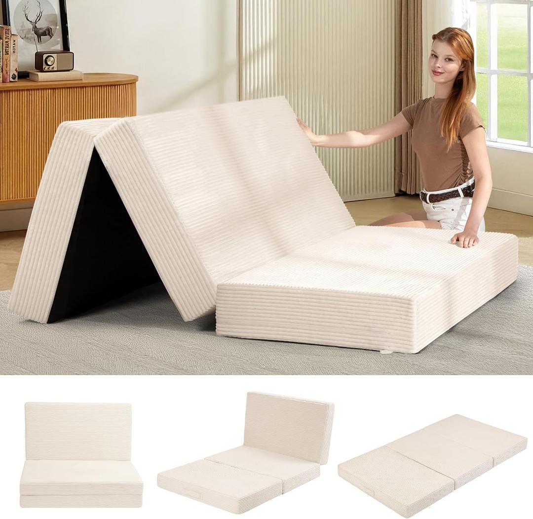 Feliz Home 6-Inch Tri-Folding Mattress Full Size - Foldable Futon Sofa Bed with Removable Washable Cover, Folding Futon Mattress | Non-Slip Bottom & Carry Handles for Guest, Camping, Dorm