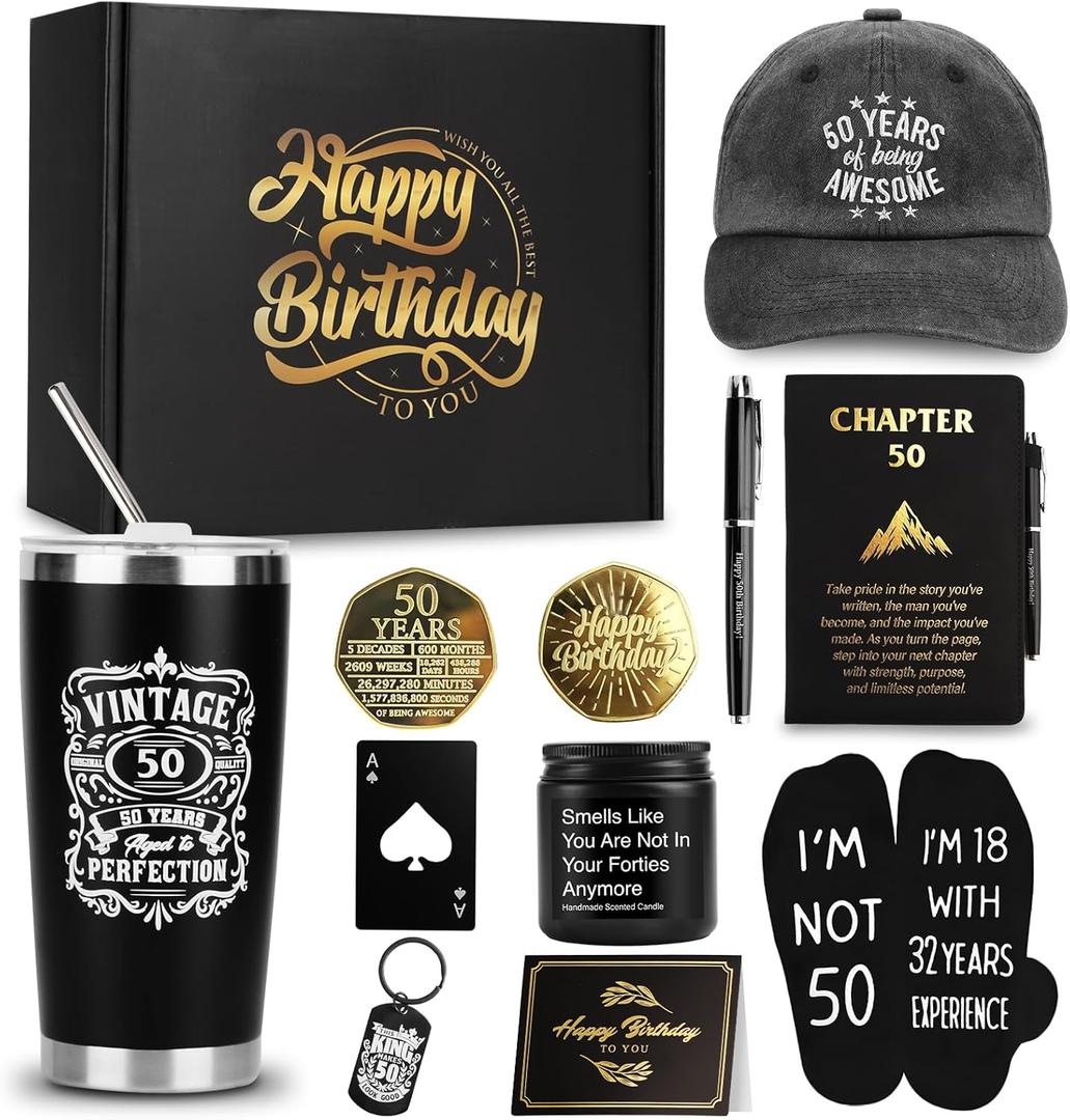 50th Birthday Gifts for Men - Unique Comprehensive Black & Gold Gift Box for Husband, Dad, Grandpa, Friends, Him