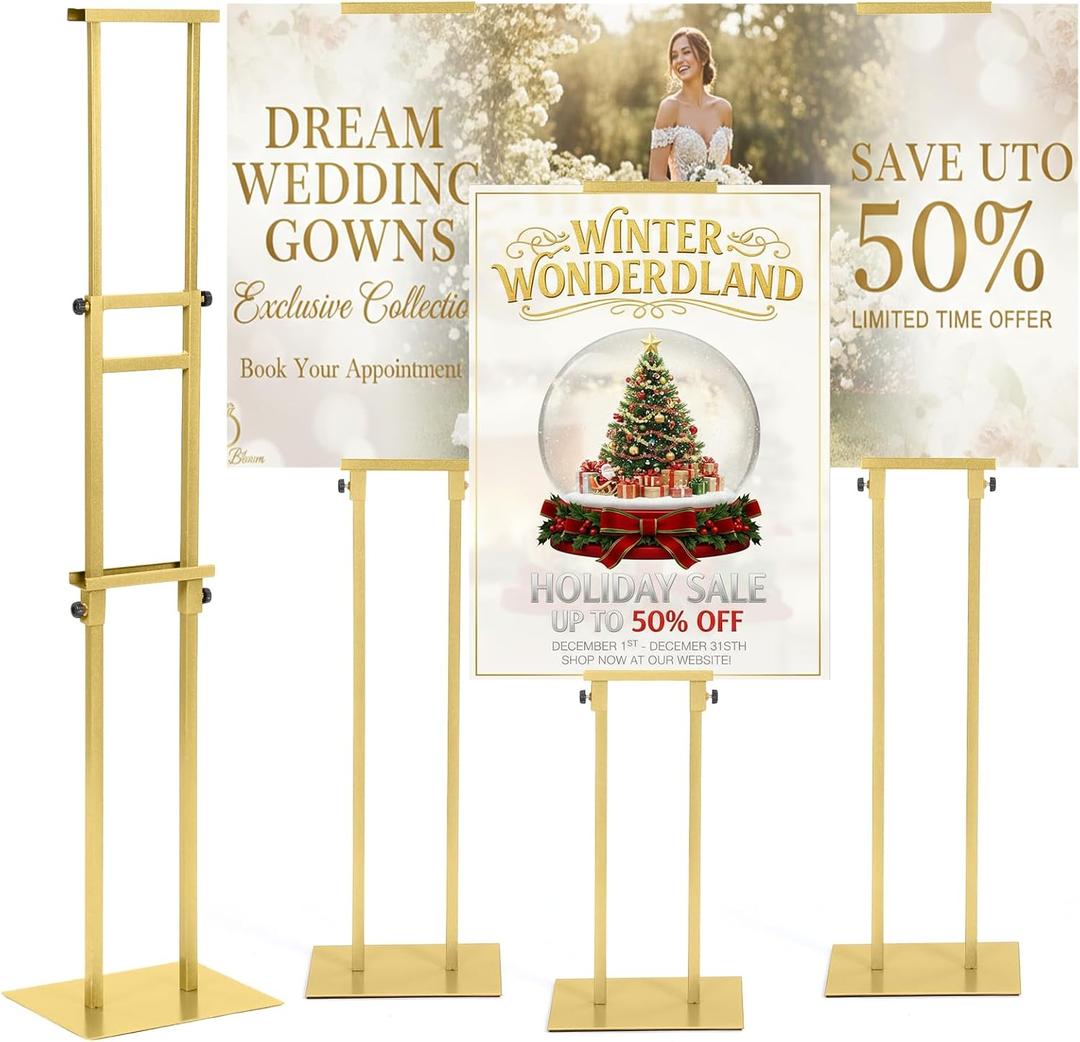 Thyle 3 Pcs Gold Wedding Poster Board Holder Stand Height up to 80" Heavy Duty Welcome Sign Stand Double Sided Easel Holder with Base Adjustable Portable Sign for Wedding Restaurant(Metal)