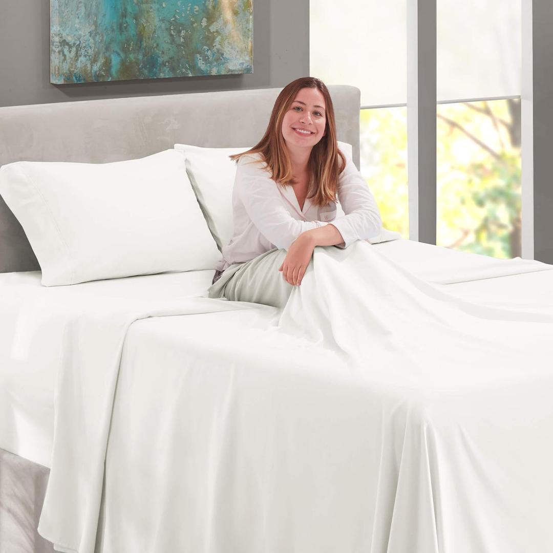 Nesti Oueen Size 4 Piece Bed Sheet Set, 
Microfiber, Cooling, Hotel Luxury, Soft, Breathable, Wrinkle-Free, Easy to Care, White