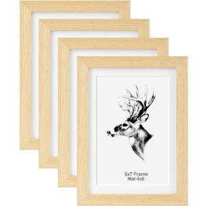 Yaetm 5x7 Oak Picture Frame with Mat for 4x6 Set of 4, Natural Solid Oak Wood Photo Frames 5 x 7 with Tempered Glass, Display on Tabletop or Wall Mounting
