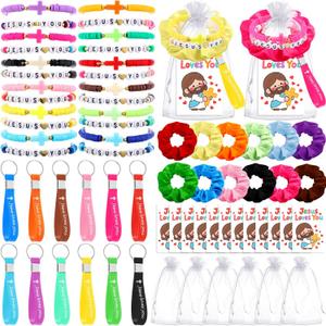 Kenning 72 Pcs Christian Jesus Gift Cards Set Easter Jesus Loves You Party Favor, Cross Bracelets Silicone Keychains Hair Scrunchies Cards Organza Bags for Easter Basket Stuffers Catholic Spring Gift