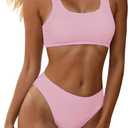 YIMISAN Women's Ribbed Two Piece Bikini Sets Wide Shoulder Strap Top Swimsuit with Mid Waist Cheeky Bathing Suit (Medium, Light Pink)