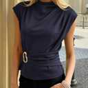 PRETTYGARDEN Women Blouses Spring Dressy Cap Sleeve Mock Neck Work Shirts Buckle Tunic Summer Business Casual Tops 2026, S