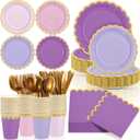 Mimorou 169 Pcs Purple Plates and Napkins Party Supplies for Guests Lavender Purple and Gold Tableware Include Scalloped Plates Paper Napkin Cup Spoon Fork Knife for Baby Shower, Wedding, Birthday