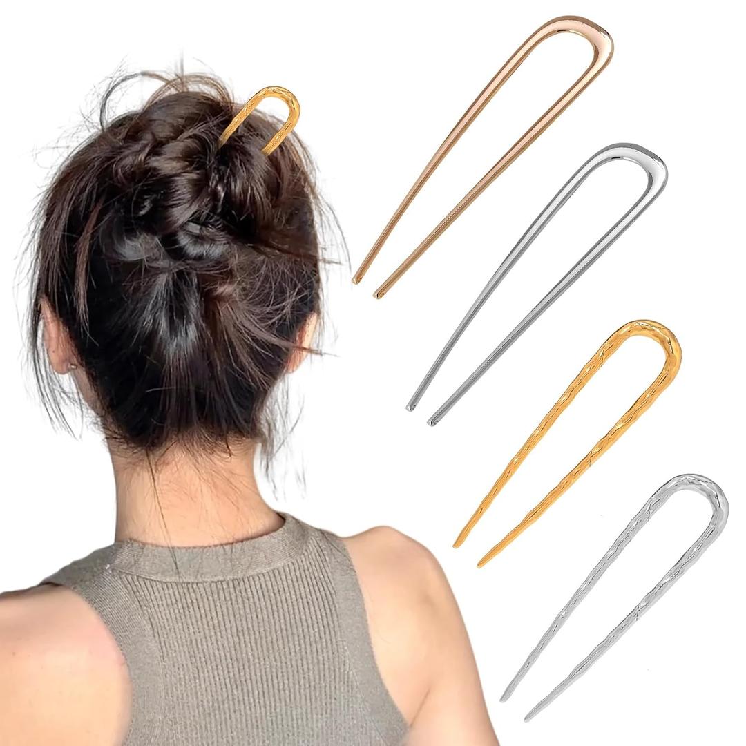4-Pack U Shape French Hair Pins for Women - 2 Large 14cm & 2 Ornate 10cm Metal Hairpins, Gold+Silver Vintage Hair Sticks for Buns & Twists, Secure Hold for Thick Hair (Non-Slip Design)