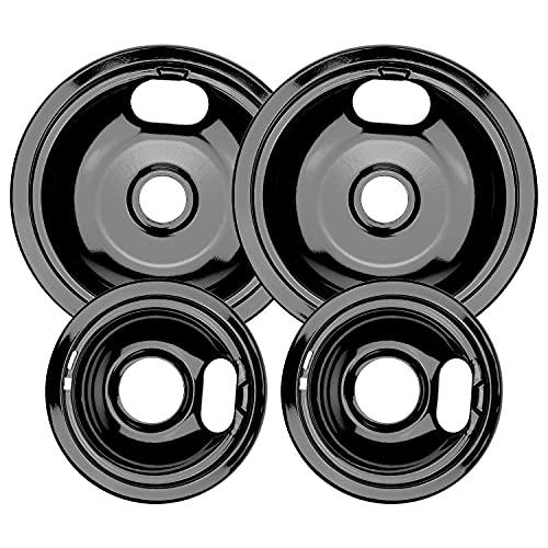 W10290350 W10290353 Black Porcelain Burner Drip Pans By AMI PARTS - Replacement for Whirl-pool Electric Range Cooktop - Includes 2 8-Inch and 2 6-Inch Pans