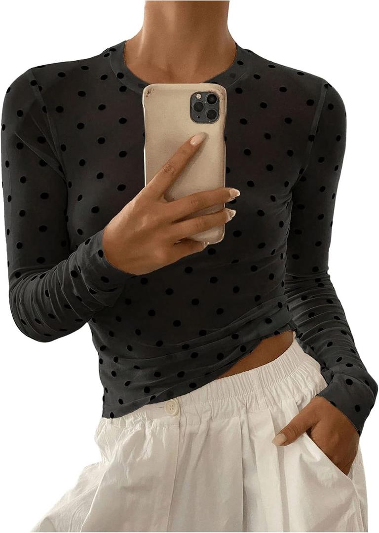 SHENHE Women's Polka Dots Sheer Mesh T Shirt Round Neck Slim Fitted Streetwear Top Black Medium