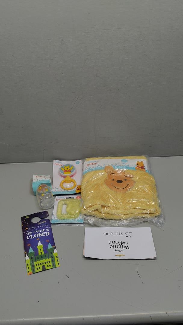Disney Winnie The Pooh Baby Gift Set - 6 Pc Newborn Essentials Bundle with Blanket, Rattle, Bottle, Teether, Scrapbook Stickers, More | Baby Shower Gifts for Girls, Boys