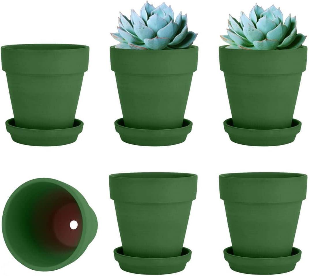 Vensovo 4 Inch Small Green Terracotta Plant Pots with Saucer - 6 Pack Clay Flowerpots with Drainage, Great for Indoor Outdoor Plants, Crafts, Wedding Favor