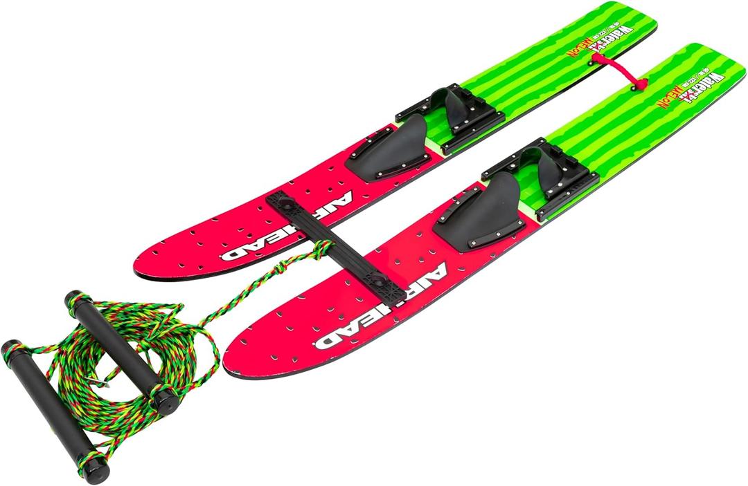 Airhead Watermelon 47" Combo Water Skis with Removable Training bar with Double Handle Rope and Adjustable bindings US Child Size 5-12