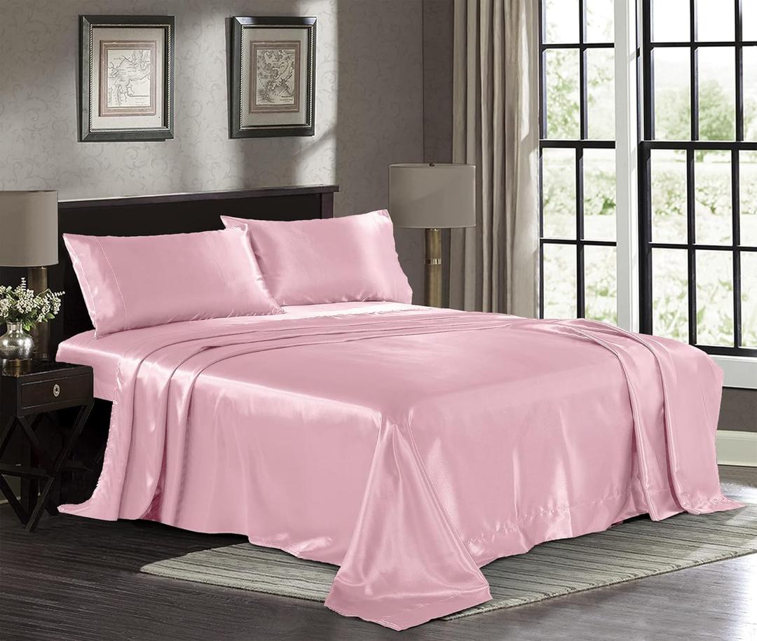 Pure Bedding Satin Sheets Queen [4-Piece, Pink] Hotel Luxury Silky Bed Sheets - Extra Soft 1800 Microfiber Sheet Set, Wrinkle, Fade, Deep Pocket Fitted Sheet, Flat Sheet, Pillow Cases