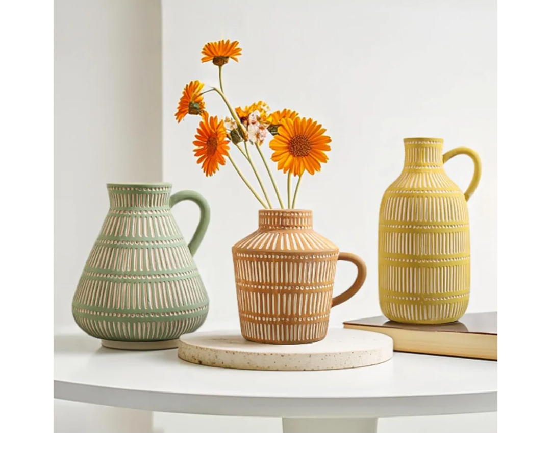 Boho Ceramic Vase Set of 3 for Living Room Bedroom Modern Yellow Brown Green Fake Flower Plant Vases for Home Decor Office Centerpieces Antique Retro Rustic Farmhouse Vintage Classic Gift