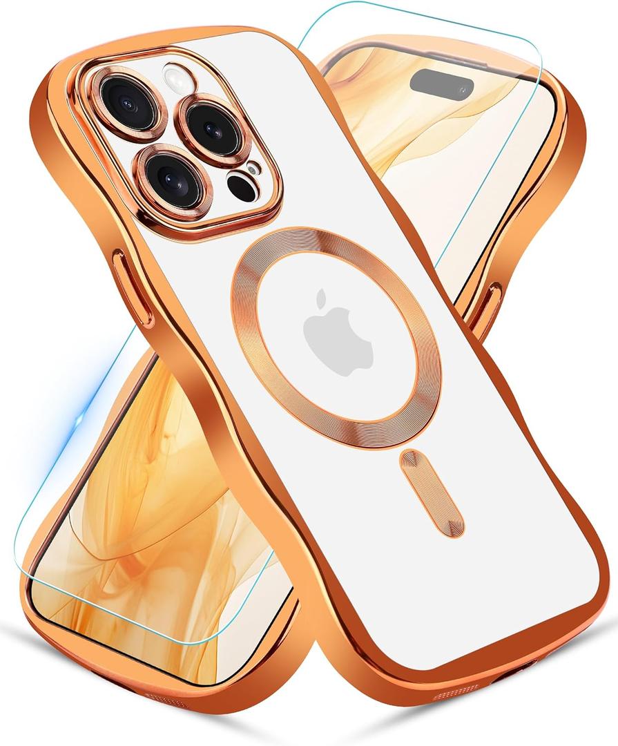 Jusy Compatible with MagSafe Phone Case with Screen Protector for iPhone 14 Pro, Cute Curly Wavy Magnetic Metal Glossy Soft Shockproof Clear Phone Cover - Orange