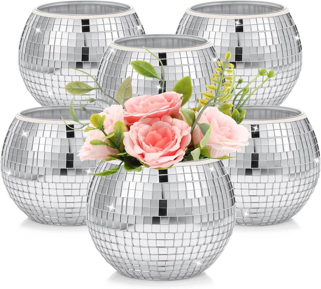6 Pieces Disco Ball Flower Vase Mirror Disco Ball Glass Vase Planter Candle Holder Glass Vase Bulk for Wedding Centerpieces Bedroom Kitchen Office Decoration Birthday(Silver, 3 x 4 Inch)