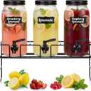 3 Pack 80 oz Glass Beverage Dispenser with Stand Clear Mason Jar Water Dispenser for Party, Fridge Includes Leakproof Stainless Steel Spigot, Black Lid and Label(Black)