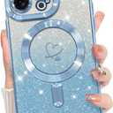 Bonoma Compatible with iPhone 16 Pro Case Support for MagSafe, Plating Heart Glitter Magnetic 2* Screen Protector TPU Camera Protection Back Cover for Girls Women -Blue