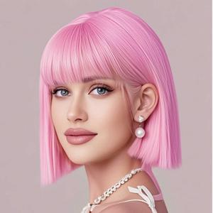 Pink Bob Wig With Bangs 12 Inch Short Bob wig for Women Short Bob Wigs Synthetic Fiber Bob Wigs and Halloween Cosplay Wig With One Cap (Pink)
