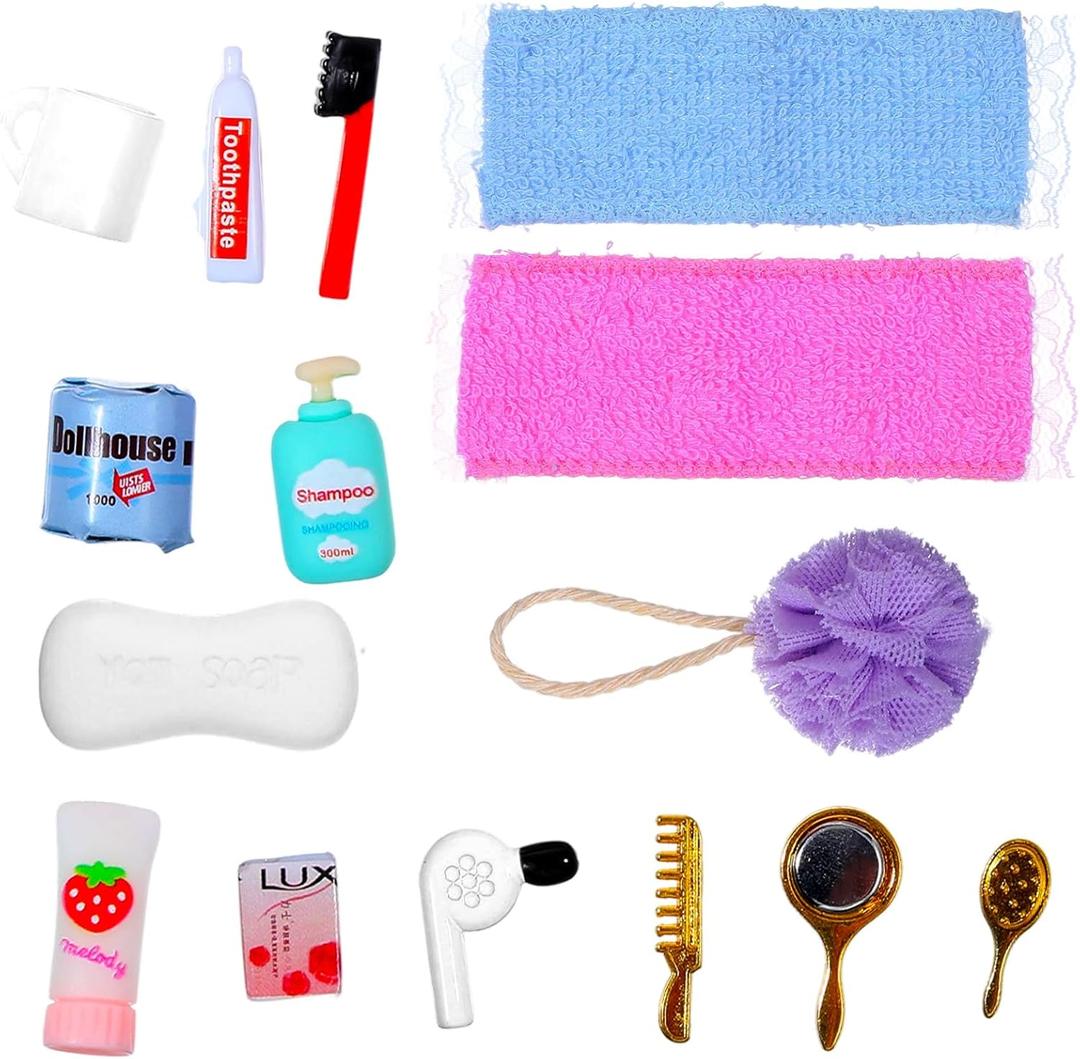 15 Pcs Dollhouse Bathroom Accessories, Mini Bath Accessories for Dollhouse Decoration, Mini Hair Dryer Brush Comb Mirror Towel Soap Toothpaste Toothbrush Makeup Set for House Bedroom Decoration