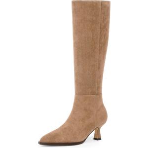 Modatope Knee High Boots Kitten Low Heel Faux Leather Pointed Toe Side Zipper Fall Long Tall Boots for Women (9, Tan Suede)