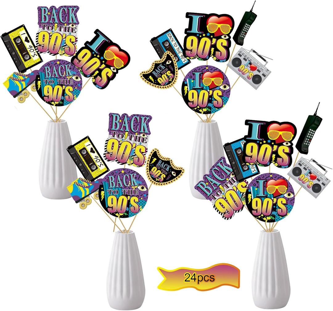 Yoaokiy 24pcs 90s Party Decorations, 90s Centerpiece Sticks, Table Toppers, Photo Booth Props, Multi Color, Yellow, Blue, Purple, Retro 90s Elements, Music Themed Birthday Party Decor