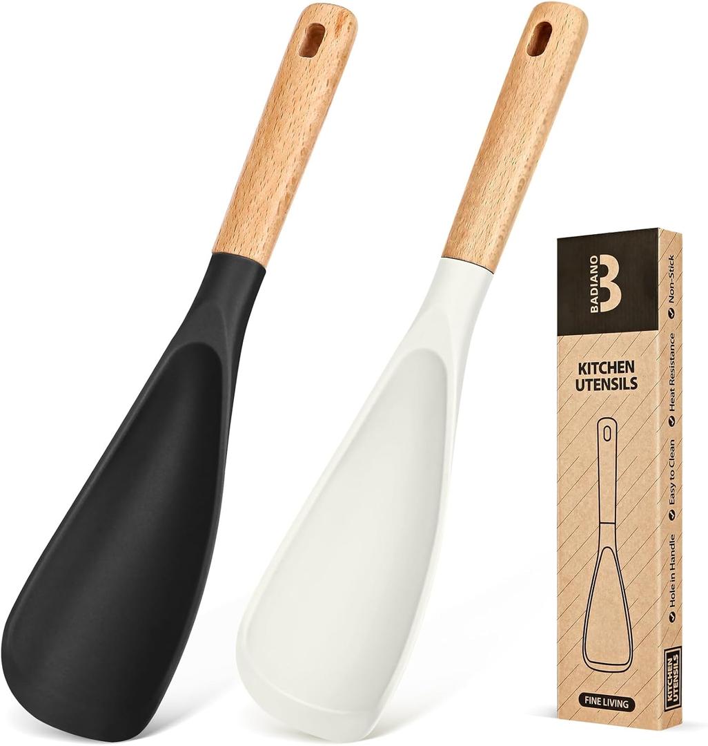 Cooking Spoon for Nonstick Cook wares, Great for Cooking and Serving Sturdy BPA-Free Matte Silicone, Wood Handle Spoon for Mixing, Scoop, and Scrape (Black & White, 11.4 inch)
