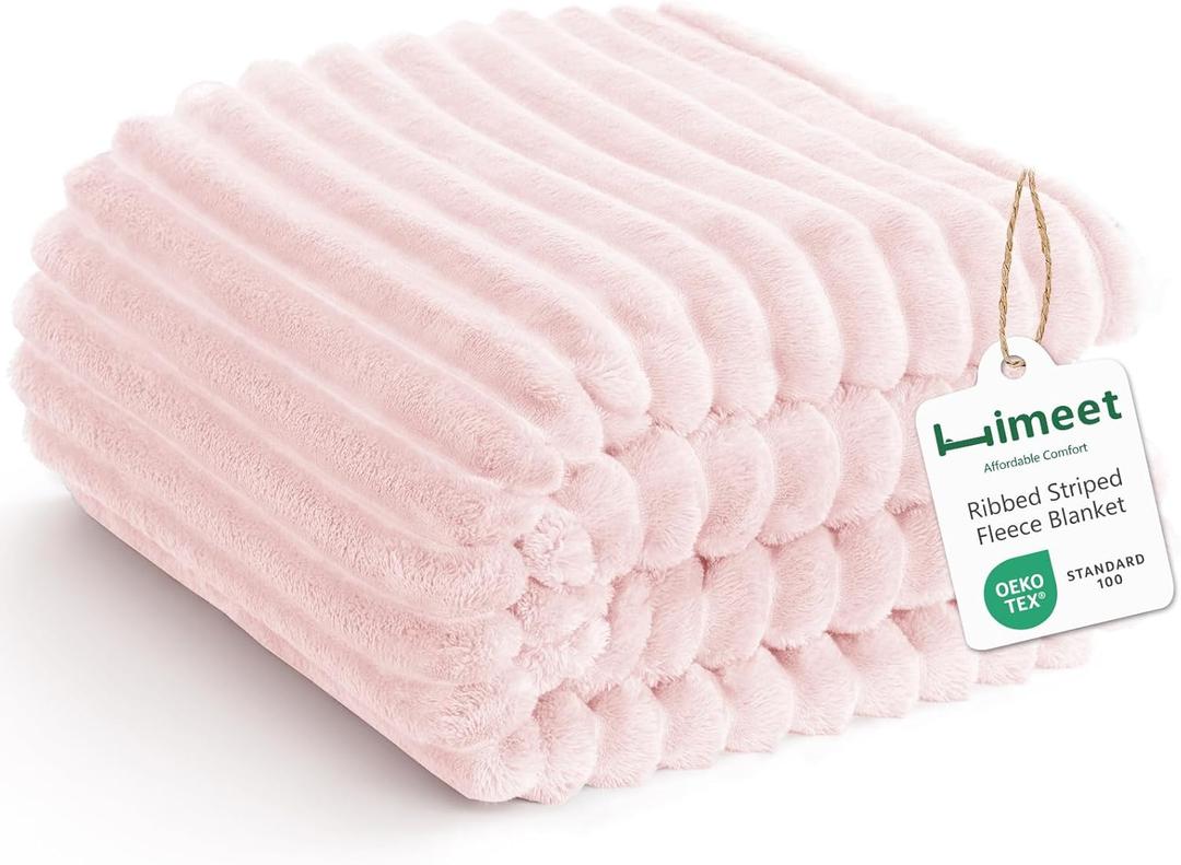 Pink Ribbed King Size Blanket for Bed - 300GSM Lightweight Fleece Blanket for Men Women, Large Cozy Sofa Couch Bed Blankets Gifts, Striped Spring Home Room Decor, Pink, 108x90 Inches