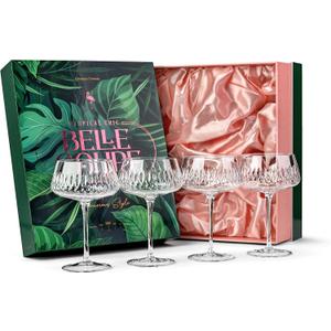 Vintage Flamingo Belle Coupe Glasses for Cocktails and Champagne | Set of 4 | 12 oz Crystal Retro Style Stemmed Saucers for Elegant Bar Drinks | Tropical Glassware Collection