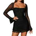 URYIAO Women's Sheer Long Sleeve Bodycon Mini Dress Sexy Corset Ruched Mesh Party Going Out Dresses Solid Black, Medium