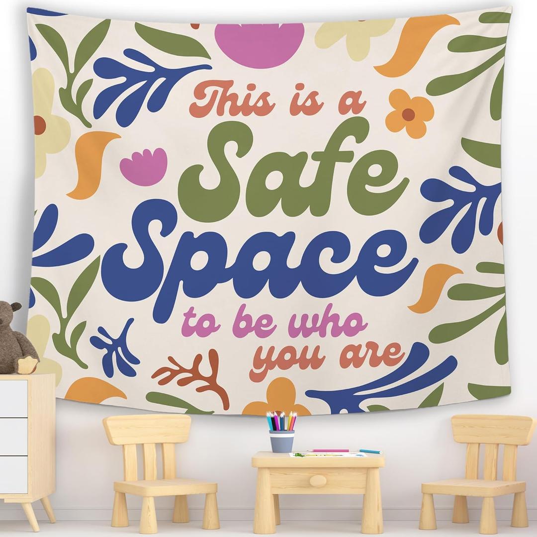 MNASAIOO Classroom Floral Wall Tapestry Hanging, Inspirational This Is A Safe Space to Be Who You Are Tapestries, Nursery Trendy Wall Decor for Kids School Bedroom Playroom Reading Nook Dorm 50x60in
