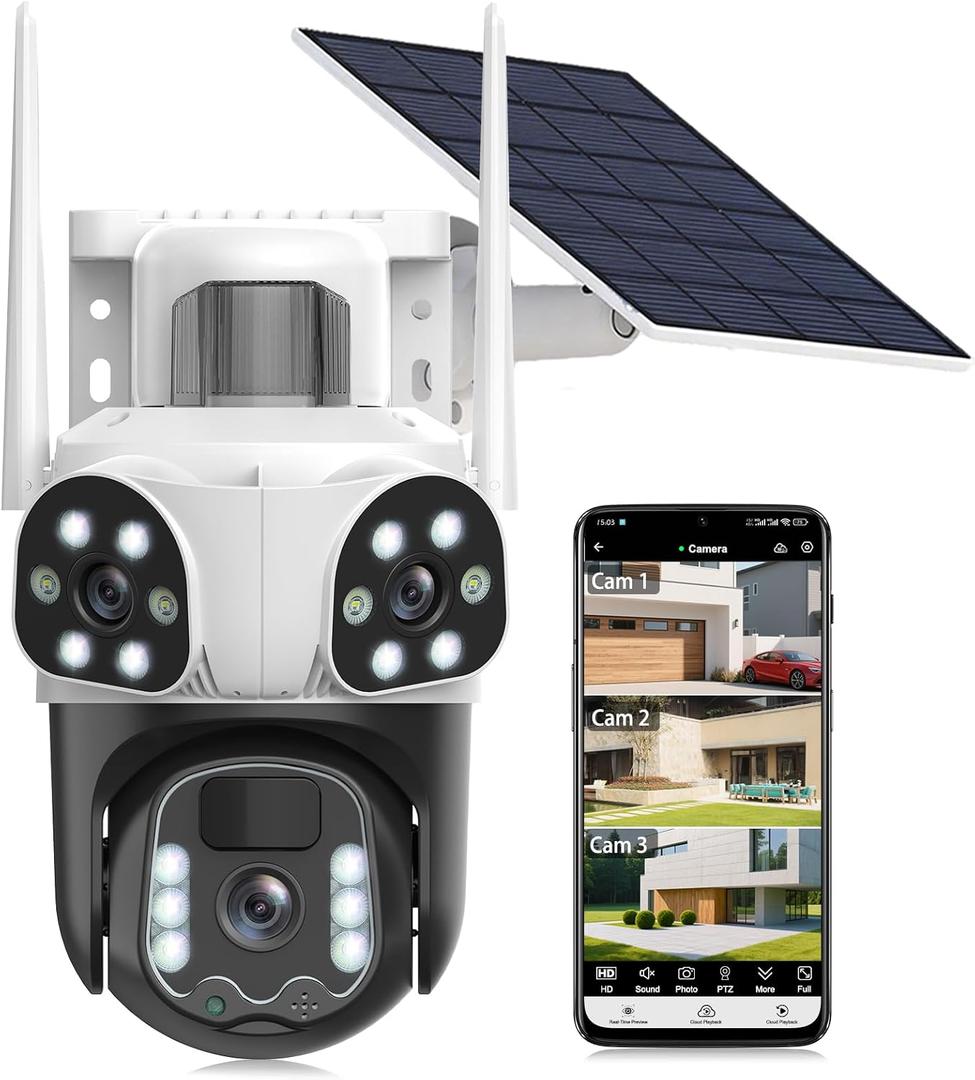 4K Solar Security Cameras Wireless Outdoor with Triple-Lens, 360°PTZ Camera for Home Security with Color Night Vision, PIR Motion Detection, Easy to Install, 2-Way Audio, Spotlight Siren, 2.4G WiFi