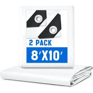 2 Pack 8 x 10 ft 5.5 Mil Large Tarps Heavy Duty Waterproof Tarp Multi Purpose Tent Cover for Home Boats Cars Camping Patio Furniture Roof Emergency Rain Protective Cover, White