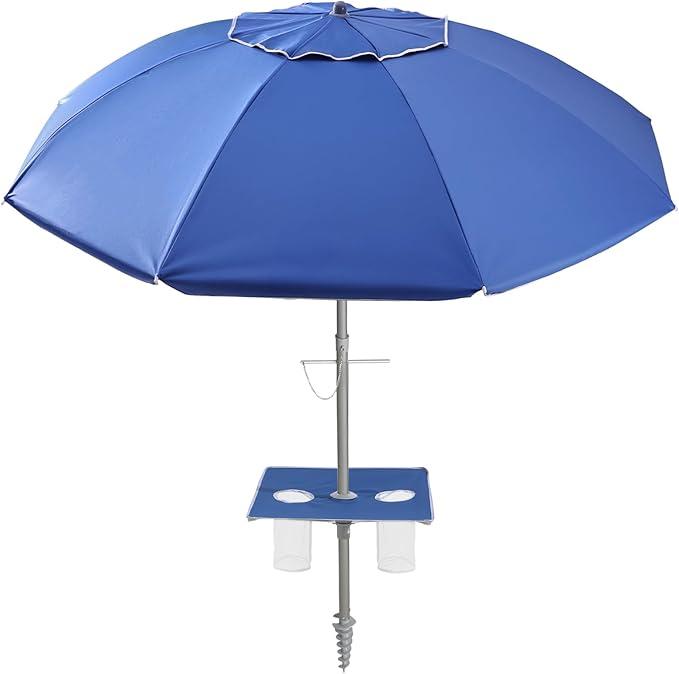 7ft Beach Umbrella featuring a built-in table with Sand Anchor & Tilt, UPF 50+ Protection Beach Umbrellas for Sand, Umbrellas for Heavy Duty Wind Portable with Carry Bag, Dark Blue