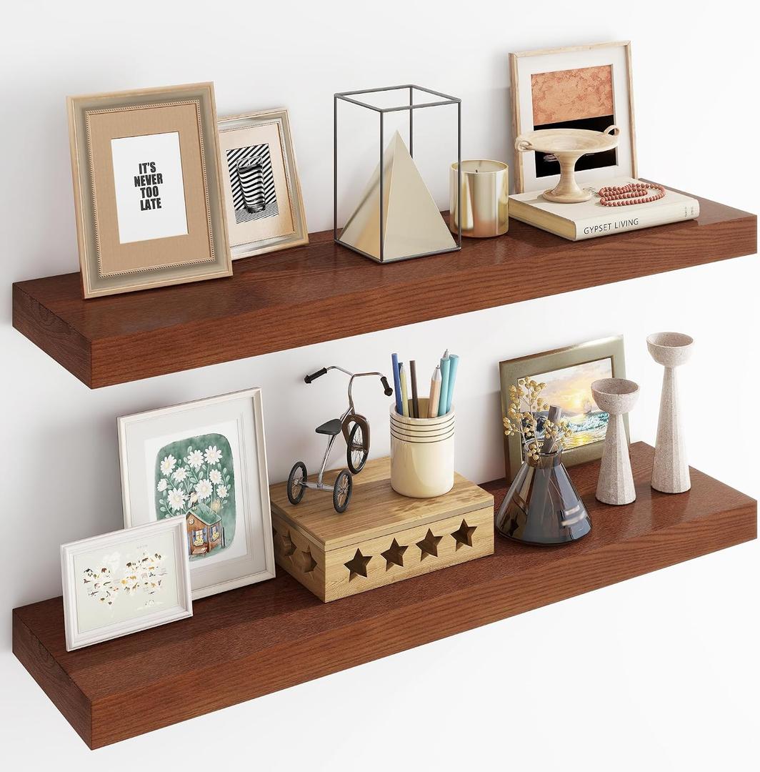RICHFOCUS Floating Shelves for Wall | 9.3 Inch Deep Rustic Set of 2 With Solid Ash Wood Veneer | 36 Inch With Upgraded Brackets | for Living Room Bathroom Home Office
