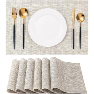 Placemats Set of 6 Washable Indoor/Outdoor Vinyl Place Mats for Dining Table Durable Non-Slip Heat Resistant PVC Weave Table MatsBeige