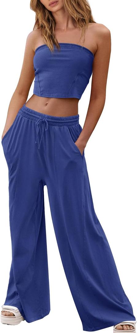 Yanekop Womens Tube Top and Pants Sets 2 Piece Outfits Travel Matching Sets Summer Two Piece Lounge Set with Pockets (Large, Dark Blue)