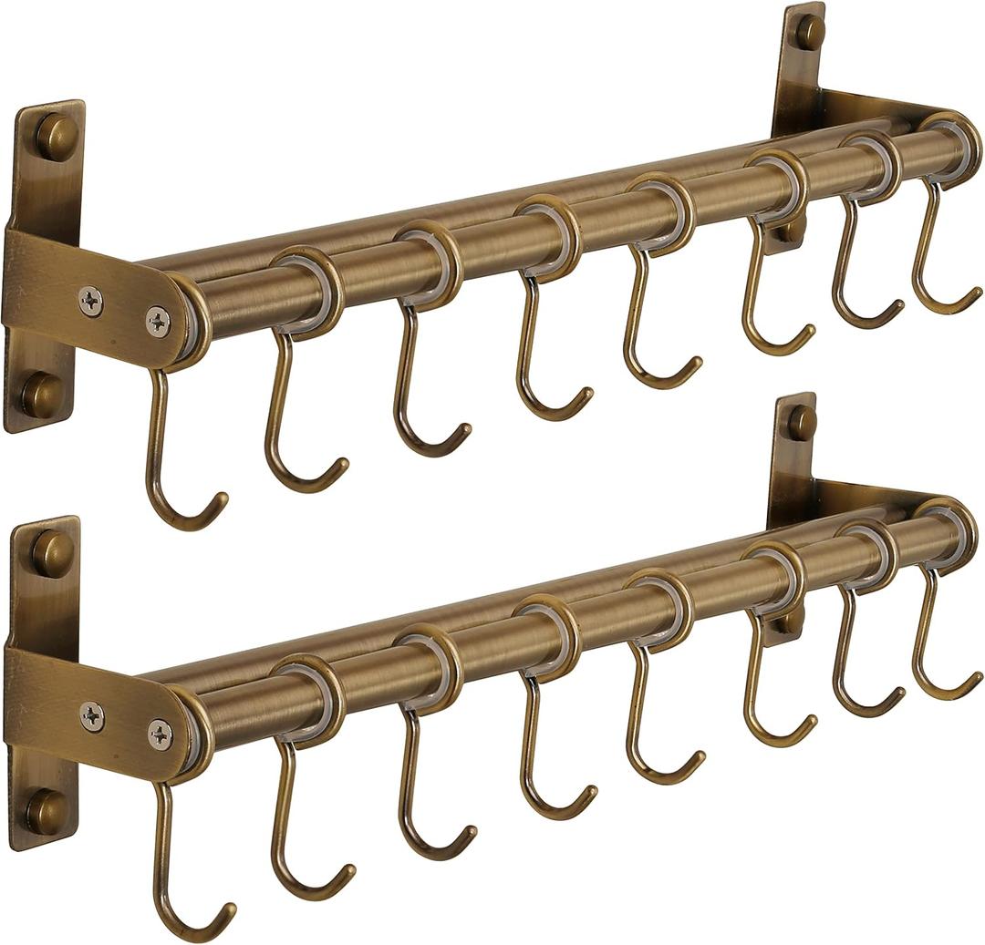 DSEAP Pot Rack - Pots & Pans Hanging Rack with 8 Hooks, Double Bars, Wall Mounted, Bronze, Pack of 2