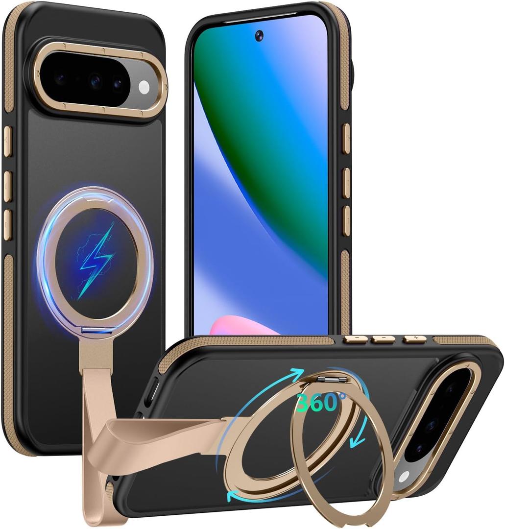 TIANNIUKE for Google Pixel 10 Pro Case/Pixel 10 Case 360Rotatable Magnetic Ring Holder Stand with Silicone Strap, Fit for MagSafe Mil-Grade Shockproof Translucent Matte Phone Cases (Desert Gold)